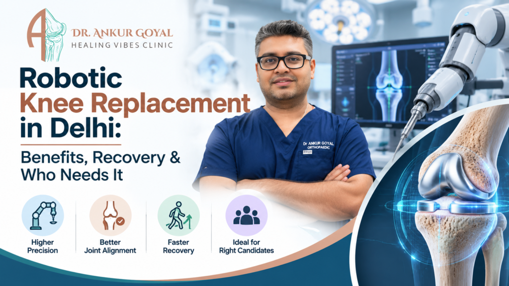 Dr Ankur Goyal with a robotic knee replacement surgical system and knee implant illustration