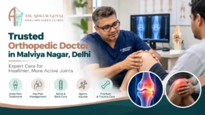 Dr. Ankur Goyal examining a patient's knee at Healing Vibes Clinic